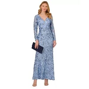 Adrianna Papell Light Blue Embellished V-Neck Long Sleeve Maxi Dress